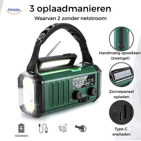 Emergency radio with three charging options: solar, USB, and hand crank.