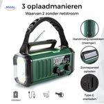 Emergency radio with three charging options: solar, USB, and hand crank.