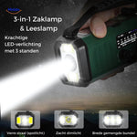Three-in-one emergency radio combining radio, flashlight, and LED light functions.