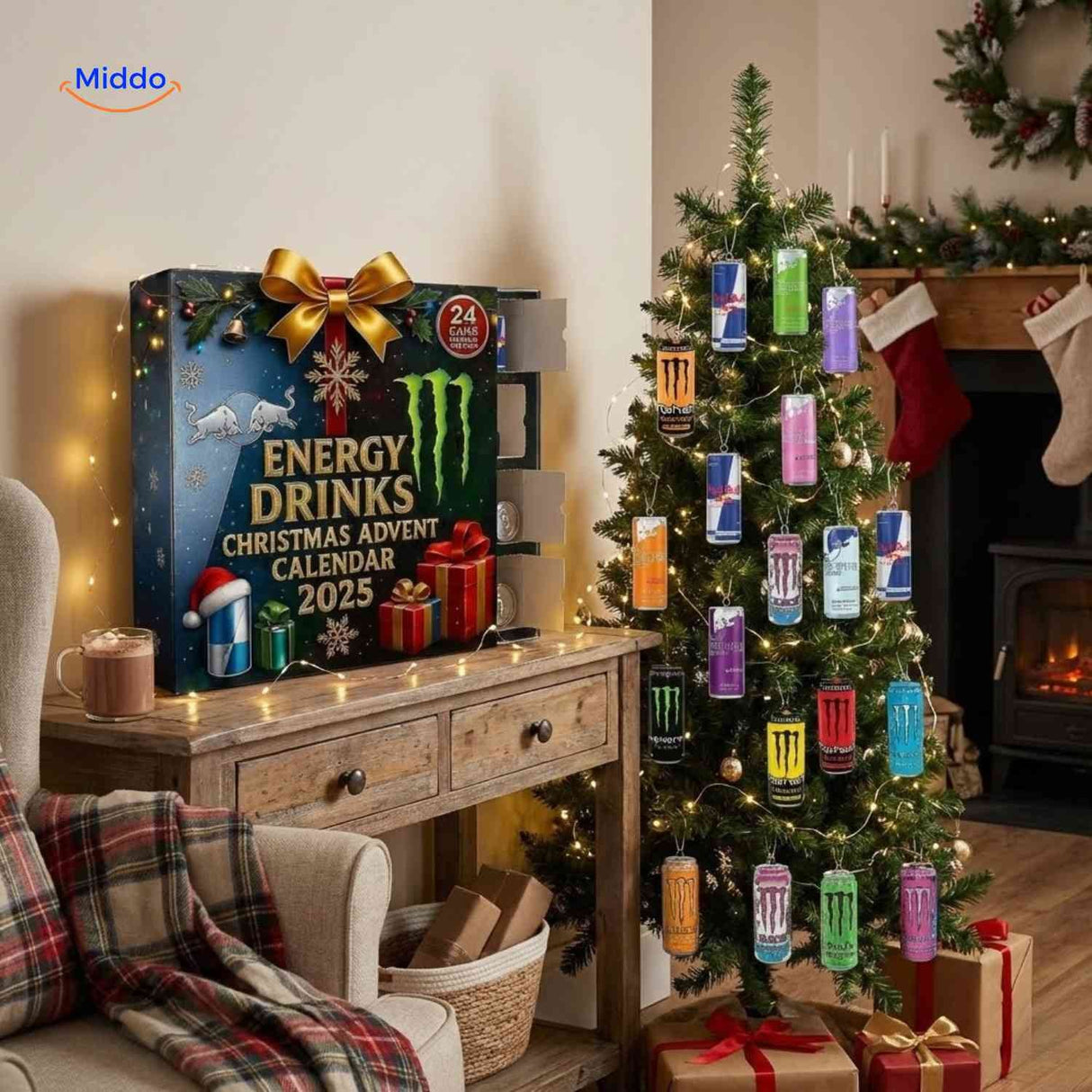 Advent calendar filled with 24 colorful mini energy drink cans for daily surprises.