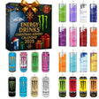All 24 mini energy drink cans inside the advent calendar contents overview.