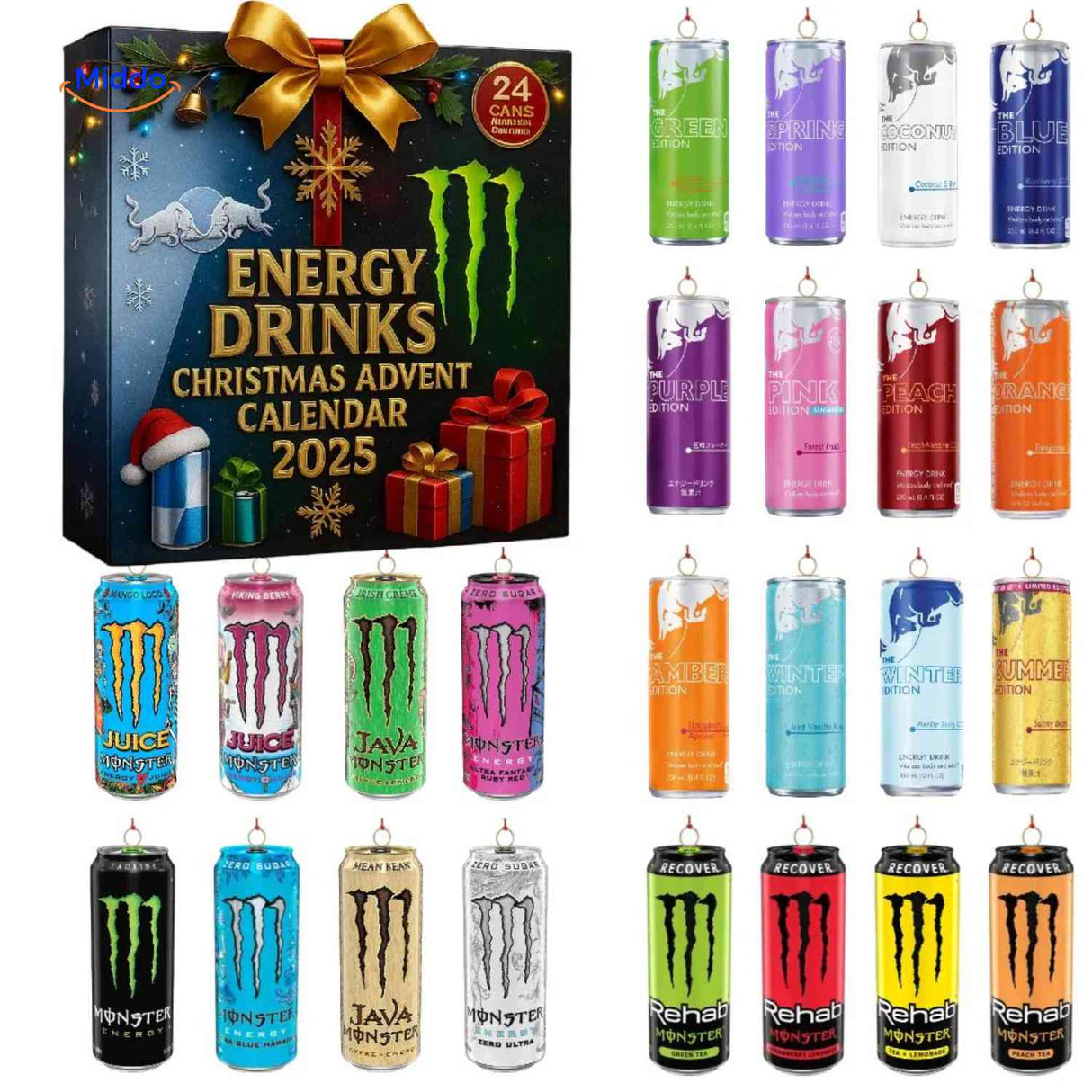 All 24 mini energy drink cans inside the advent calendar contents overview.