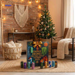 Energy drink advent calendar arranged in a festive holiday display setup.
