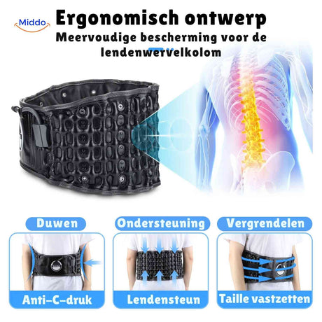 Ergonomic back brace design with multi-point lumbar protection system.