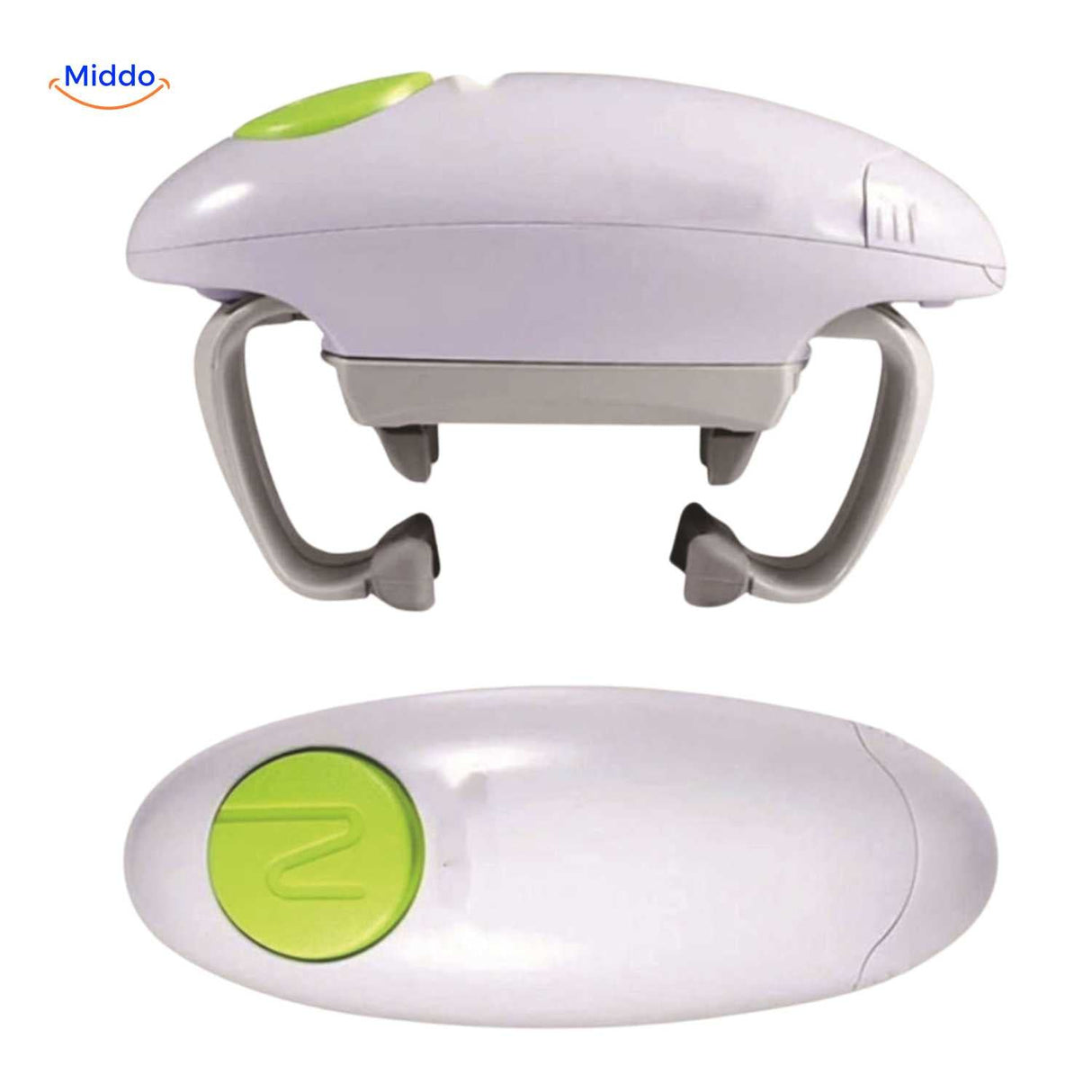 Ergonomic electric jar opener design with comfortable green power button.