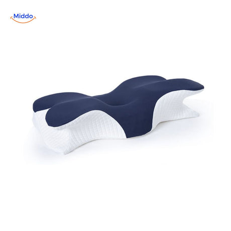 Blue ergonomic memory foam neck pillow with contoured shape for cervical support
