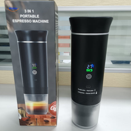 Portable espresso machine with LED display and status indicators.