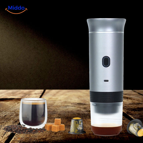 Portable espresso machine highlighting the powerful battery for extended brewing.