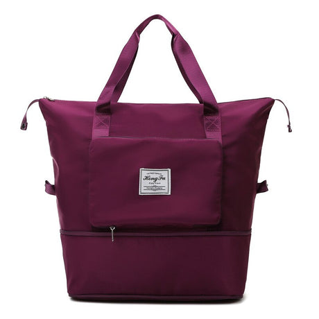 Burgundy expandable waterproof travel bag with large capacity and duffle functionality.