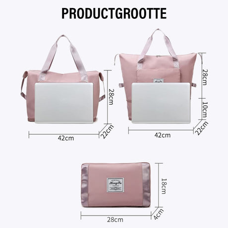 Expandable travel bag with dimensions and size specifications displayed.