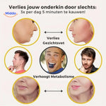 Five-step facial fat loss exercise routine to reduce double chin with jaw trainer.