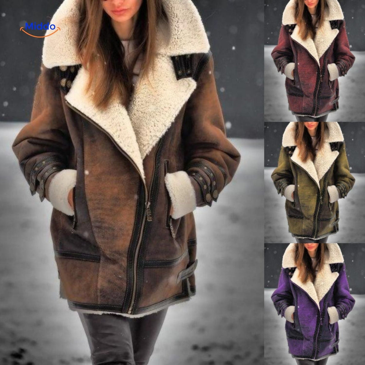 Long faux fur lined winter coat available in multiple colors, full color range overview.