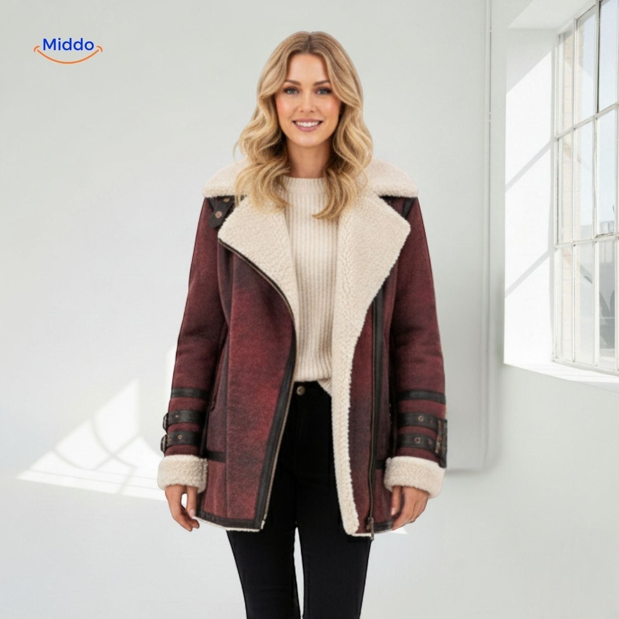 Bordeaux faux fur long winter coat styled head-to-toe with ankle boots, full outfit view.