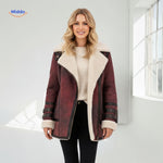 Bordeaux faux fur long winter coat styled head-to-toe with ankle boots, full outfit view.