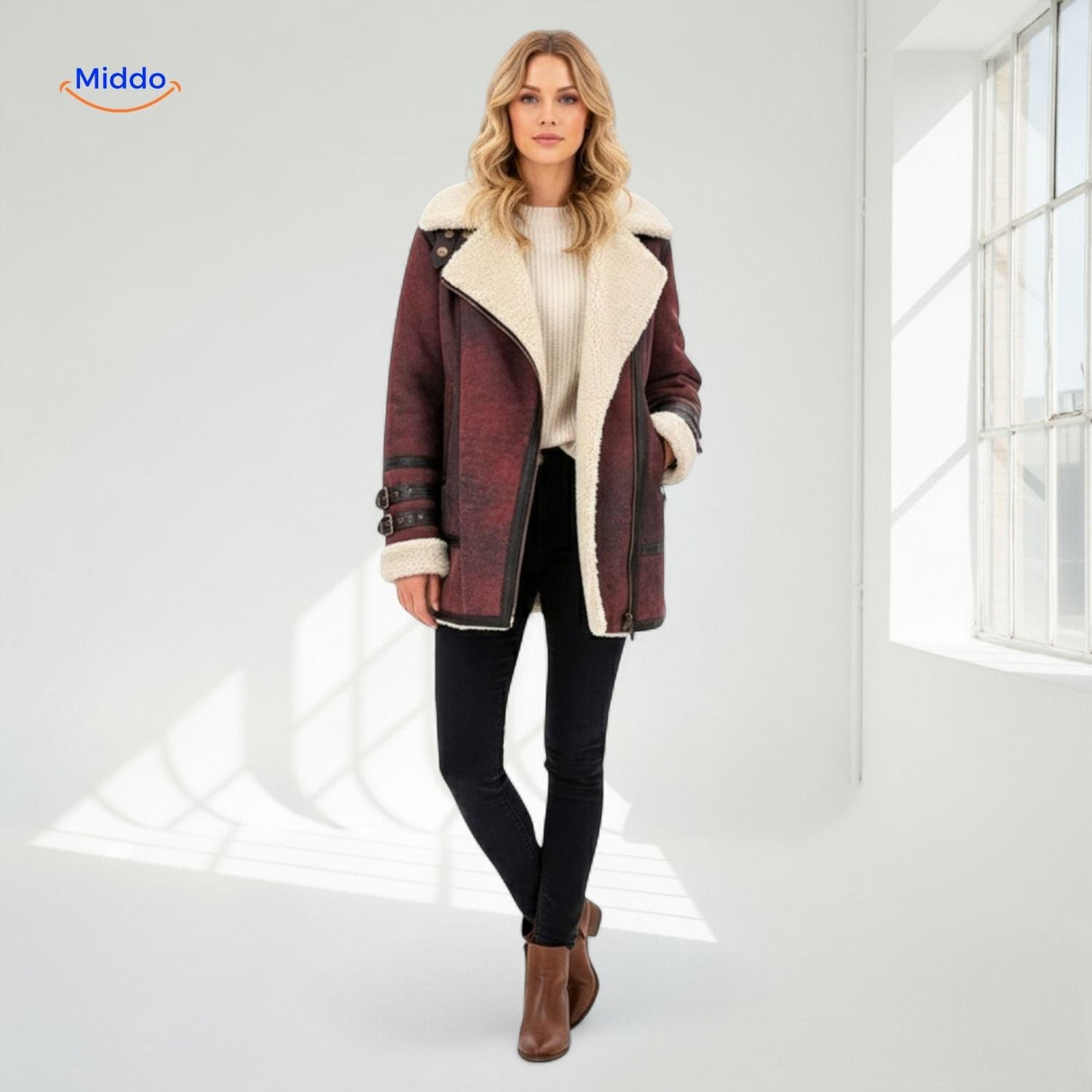 Bordeaux red long faux fur coat with faux leather panel details and warm lining, side view.