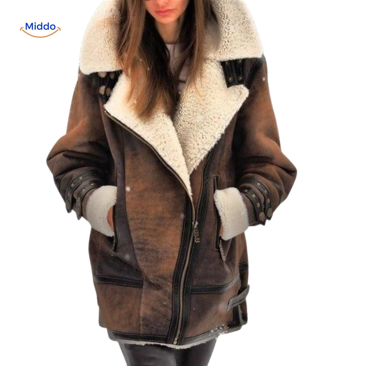 Long faux fur lined winter coat in rich brown, full-length flat-lay color swatch view.