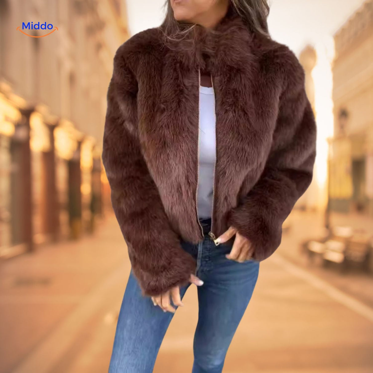 Women's brown faux fur coat with high collar for warm style.