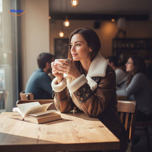 Long faux fur winter coat styled in a cozy café scene with books and coffee.