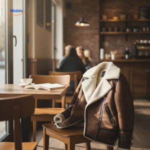 Long faux fur coat draped over a chair in a warm café interior, lifestyle flat display.