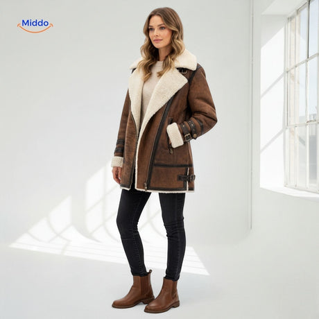 Long faux fur lined winter coat in a complete outfit with ankle boots, editorial lifestyle shot.