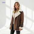 Women's long faux fur coat worn indoors in natural light, styled for a chic autumn look.