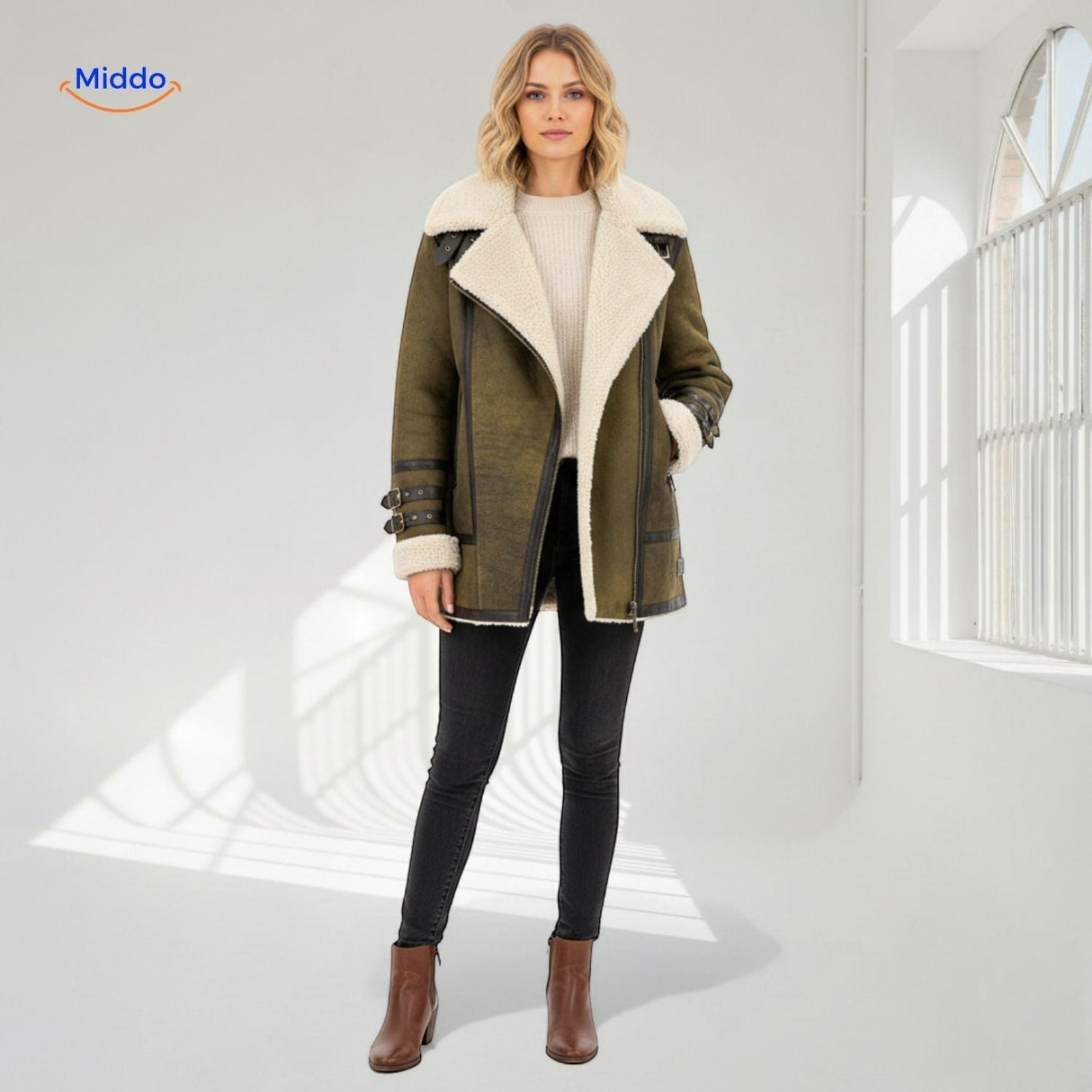 Olive green long faux fur coat with side zipper detail, worn by model in full-length view.