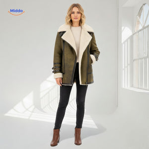 Olive green long faux fur coat with side zipper detail, worn by model in full-length view.
