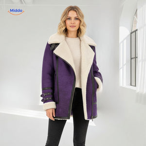 Close-up of purple long faux fur winter coat showing plush lining and luxurious texture.