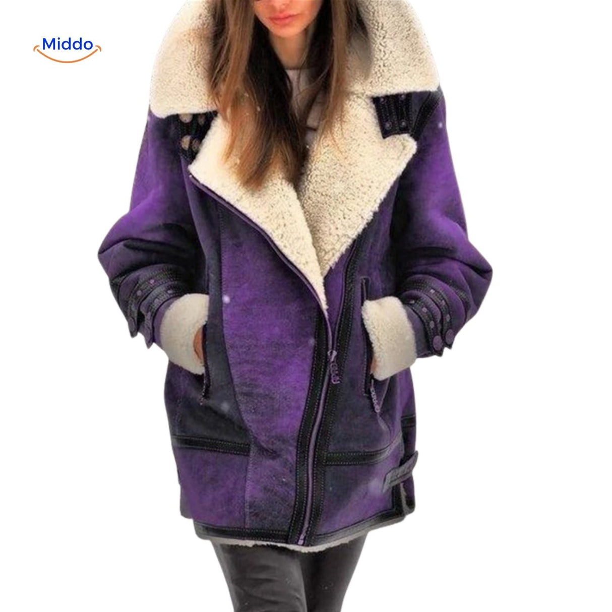 Long faux fur lined winter coat in deep purple, full-length flat-lay color swatch view.