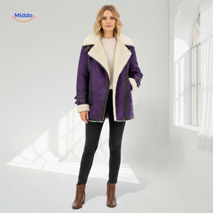 Purple long faux fur winter coat with faux leather details, full-length model view.