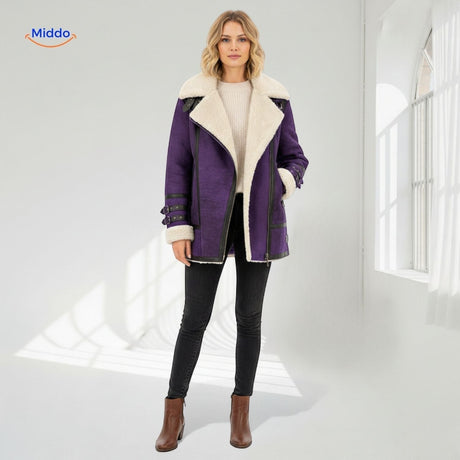 Purple long faux fur winter coat with faux leather details, full-length model view.
