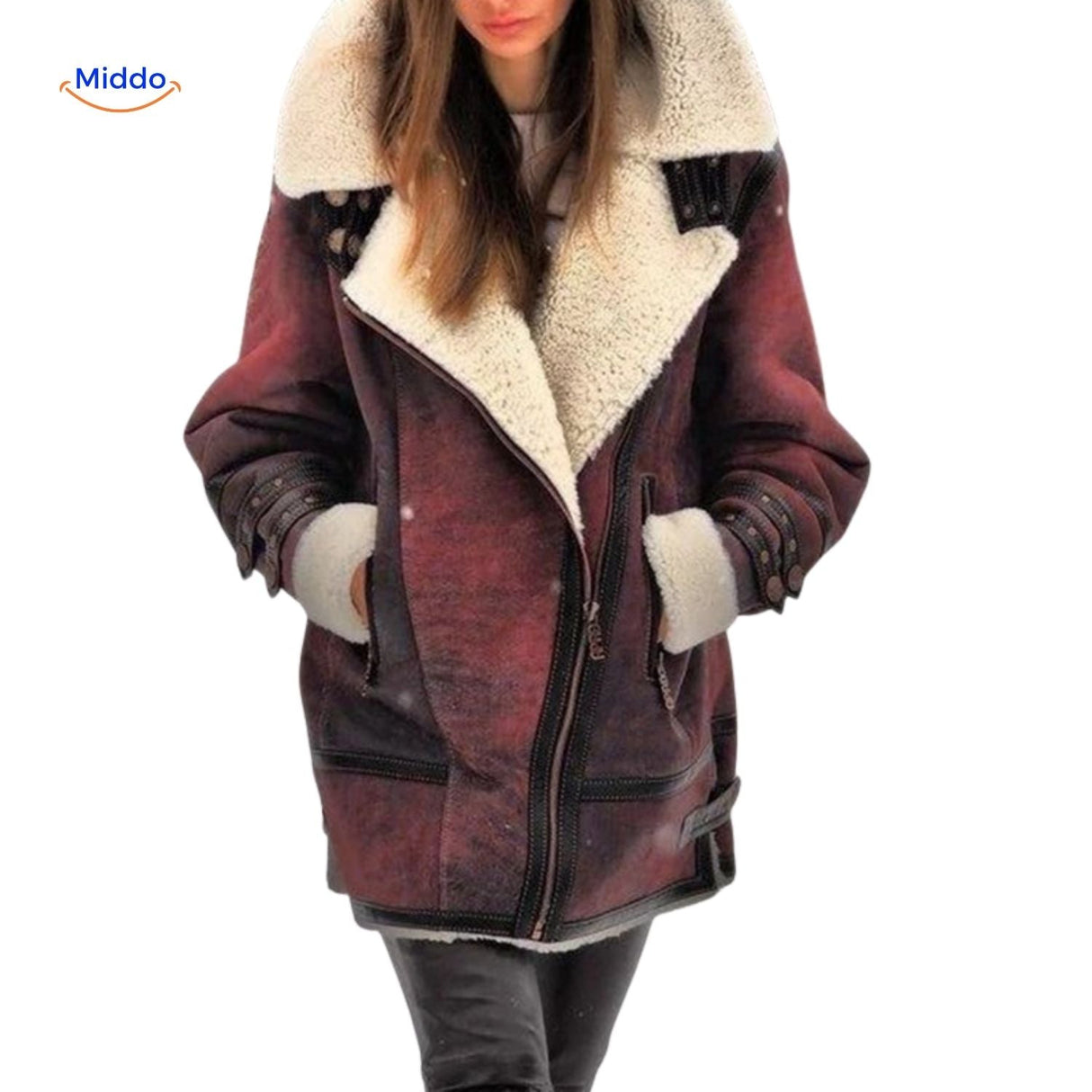 Long faux fur lined winter coat in bold red, full-length color swatch flat-lay view.