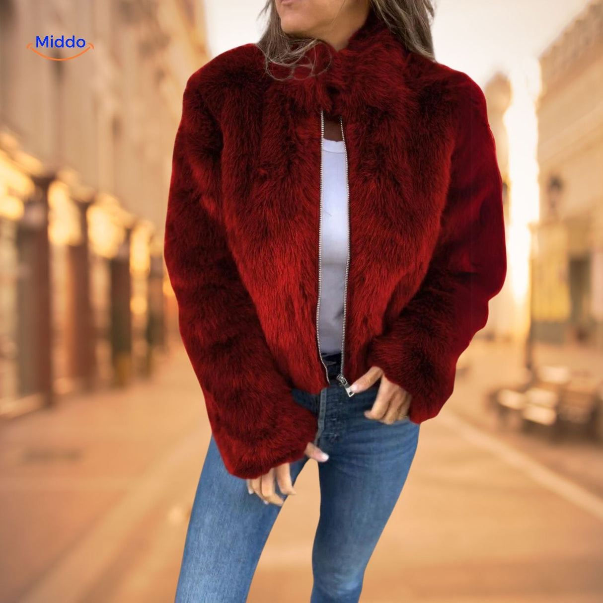 Women's red faux fur coat with high collar in premium warmth style.