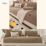 Faux lambswool sofa cover layered with colorful throw pillows for added comfort.