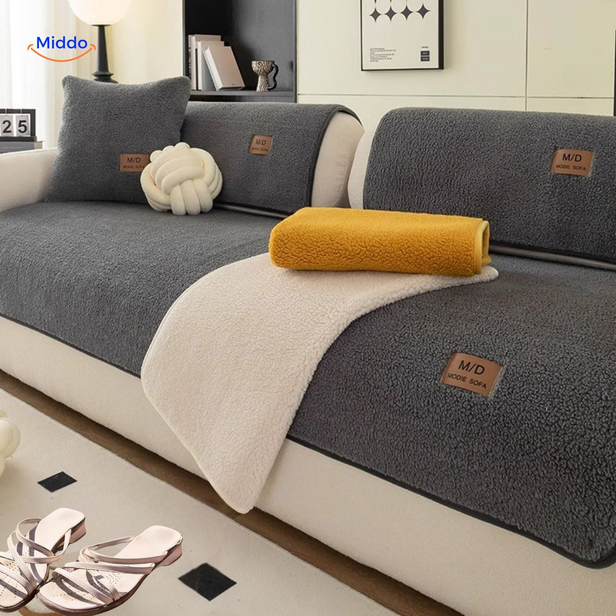 Plush faux lambswool cover styled with yellow and white complementary blankets.