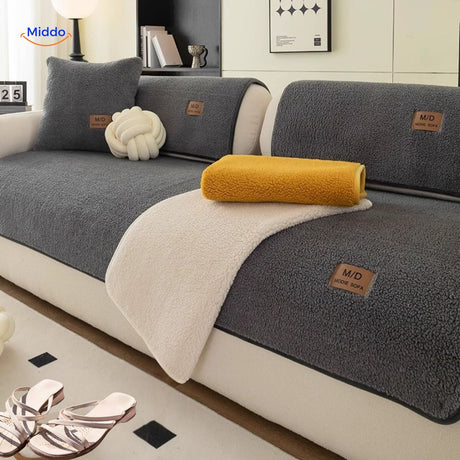 Plush faux lambswool cover styled with yellow and white complementary blankets.