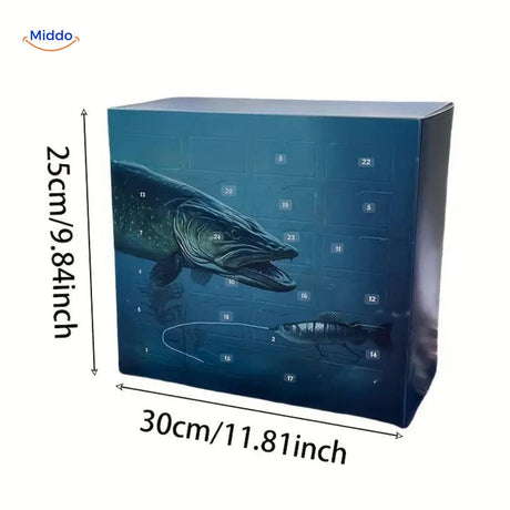 TackleBox fishing advent calendar dimensions shown as 30x25cm size specifications.