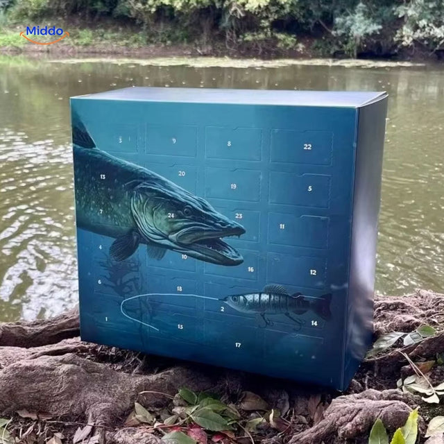 TackleBox fishing advent calendar displayed in outdoor location with natural scenery.