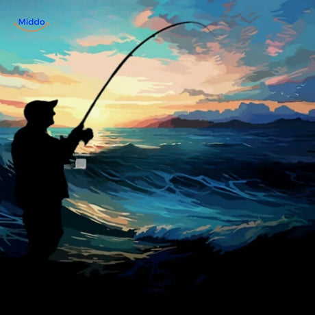 Fishing silhouette at sunset depicted on the TackleBox advent calendar design.