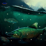 TackleBox fishing advent calendar with detailed trout art and decorative illustration.