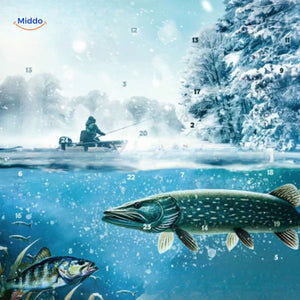 Winter fishing scene with underwater design elements on TackleBox advent calendar packaging.
