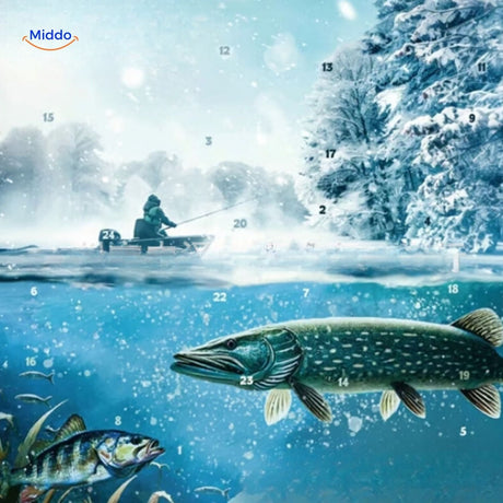 Winter fishing scene with underwater design elements on TackleBox advent calendar packaging.