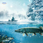 Winter fishing scene with underwater design elements on TackleBox advent calendar packaging.