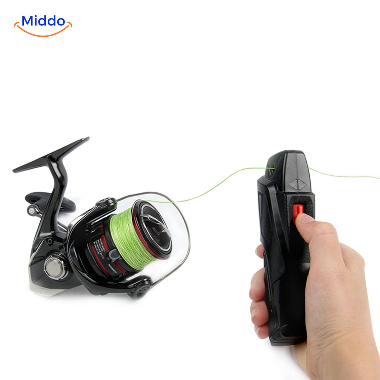 FishMate electric fishing line stripper in action winding line efficiently.