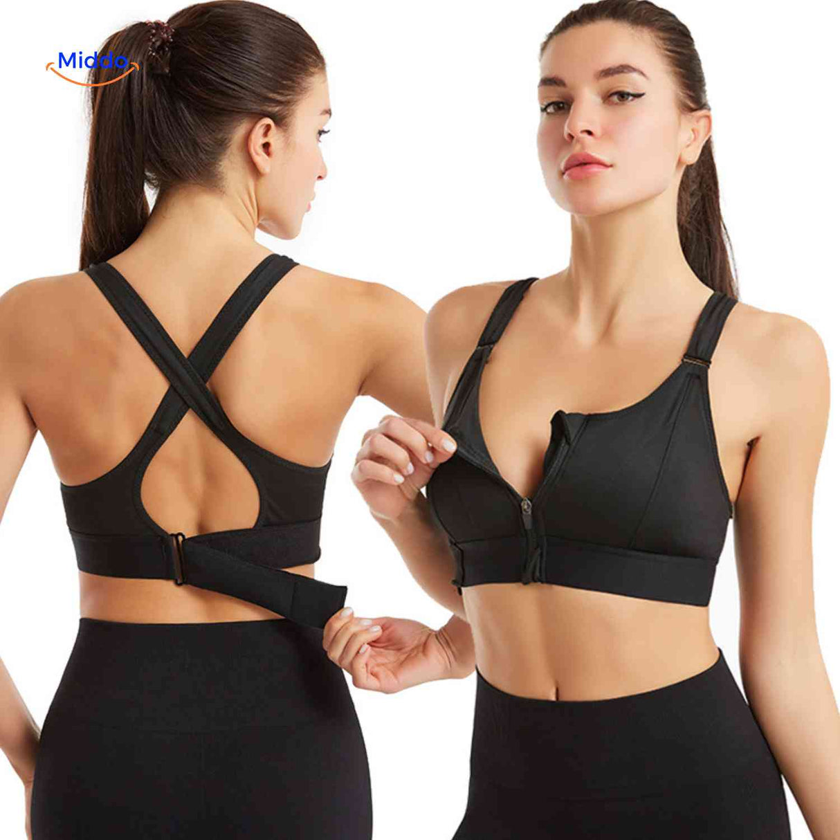 Fitura fitness sports bra in black with secure zip-front closure.