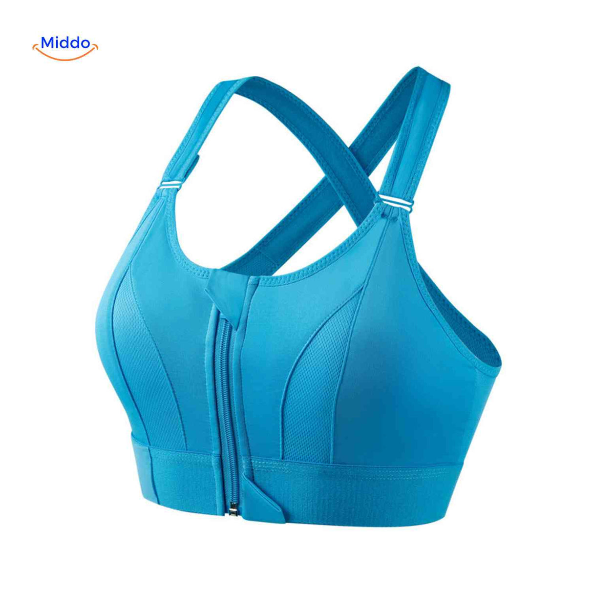 Fitura high-support sports bra in blue with zip-front and shock-resistant design.