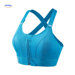 Fitura high-support sports bra in blue with zip-front and shock-resistant design.