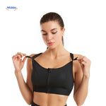 Fitura sports bra in black with adjustable straps and zip-front design.