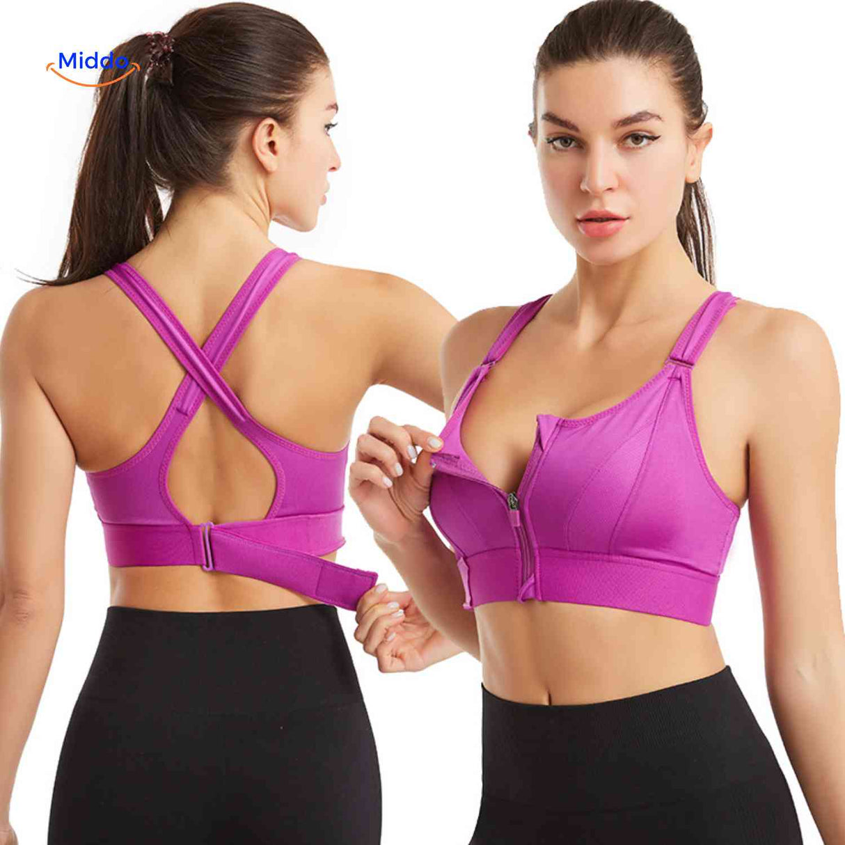 Fitura women's sports bra in purple with zip-front support design.