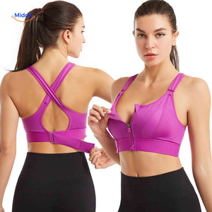 Fitura women's sports bra in purple with zip-front support design.